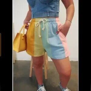 Sweet Generis Rainbow colorblock French terry pull-on shorts